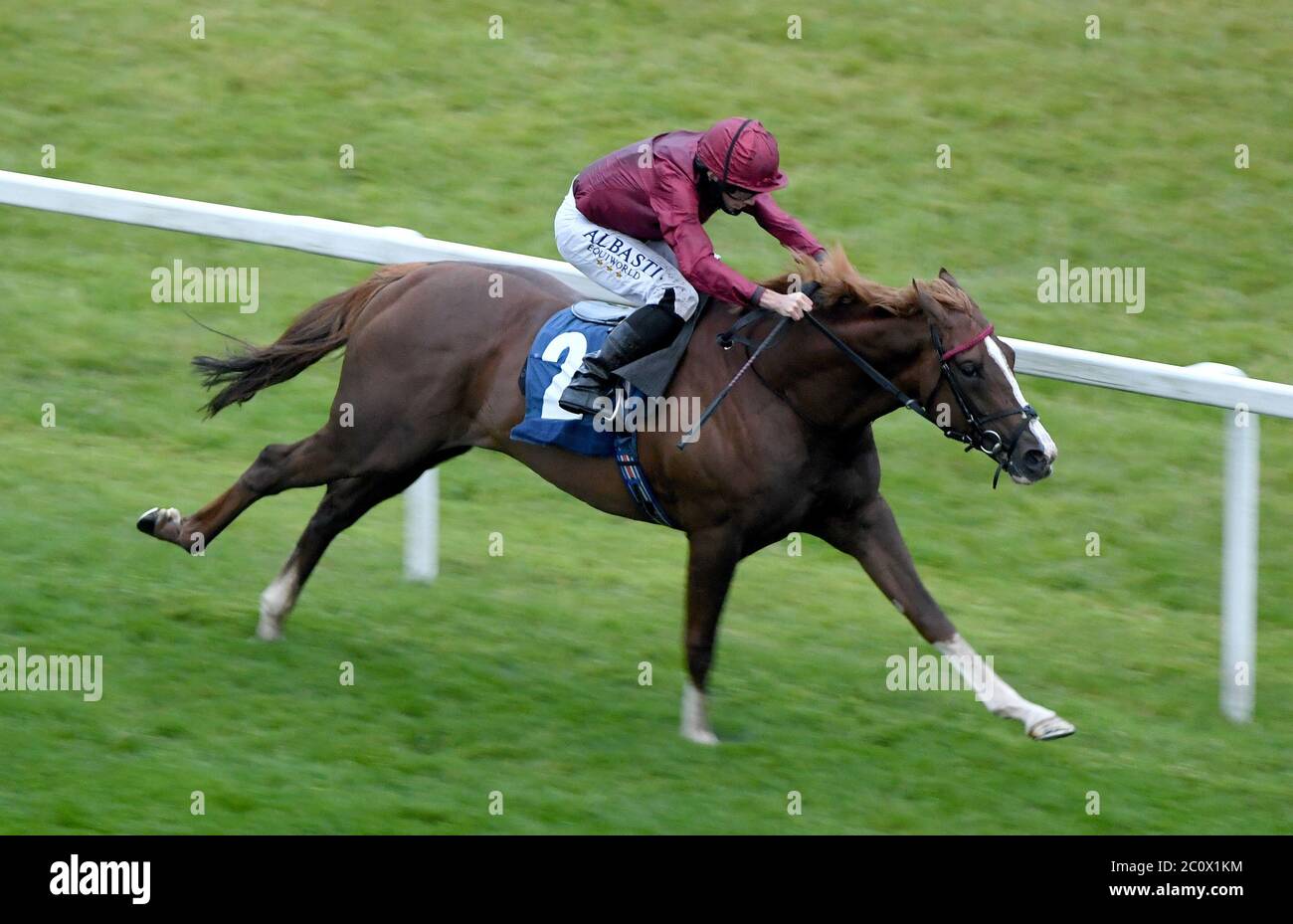 Lo sguardo toscano guidato da Ryan Moore vince la Watch and Bet con MansionBet al Newbury Novice Stakes presso l'ippodromo di Newbury. Foto Stock