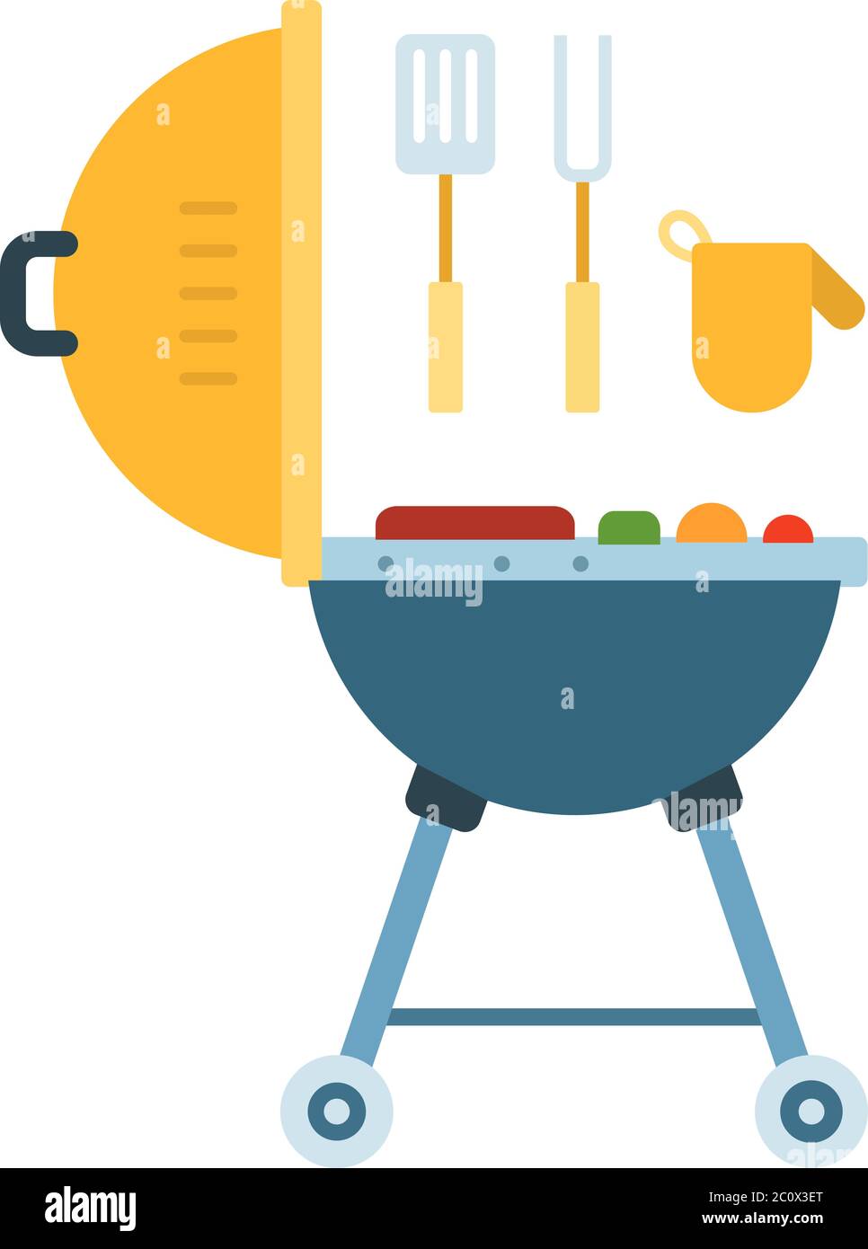 Griglia per barbecue con forchetta, spatola e icona vettoriale Mitten piatta isolato Illustrazione Vettoriale