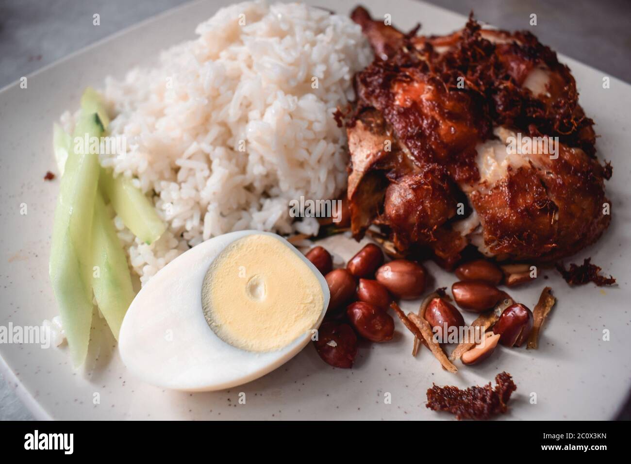 Cibo malese piccante con pollo, riso, uova e arachidi Foto Stock