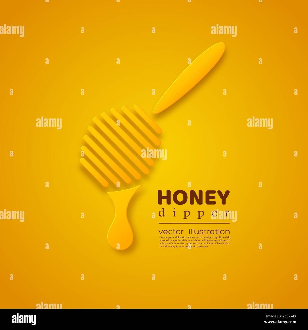 Cucchiaia di miele di tipo a taglio di carta. Elemento per la progettazione di prodotti di apicoltura e miele. Sfondo giallo, illustrazione vettoriale. Illustrazione Vettoriale