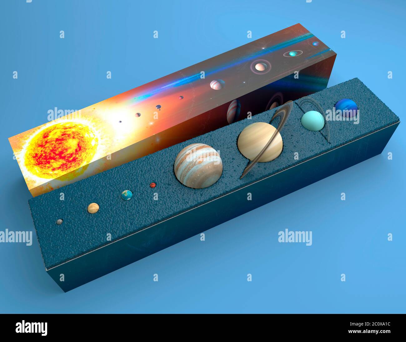 Sistema solare, scatola con modelli dei pianeti. Mercurio, Venere, Terra, Marte, Giove, Saturno, Urano, Nettuno. Modelli da collezione. Confezione regalo, concetto Foto Stock