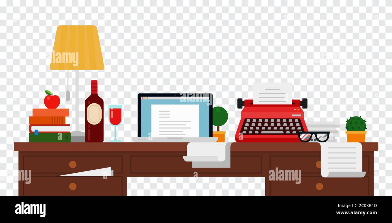 Il desktop writer, copywriter disegno piatto vettore illustrazione su sfondo trasparente. Illustrazione Vettoriale