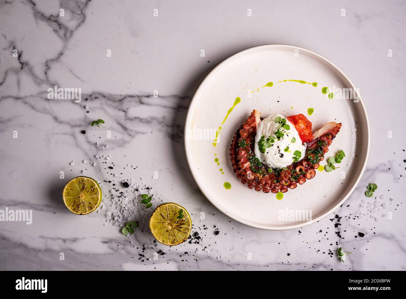 Primo piano di piatto di polpo alla griglia servito con verdure e insalata di pomodoro su piatto bianco a fuoco dolce sullo sfondo Foto Stock