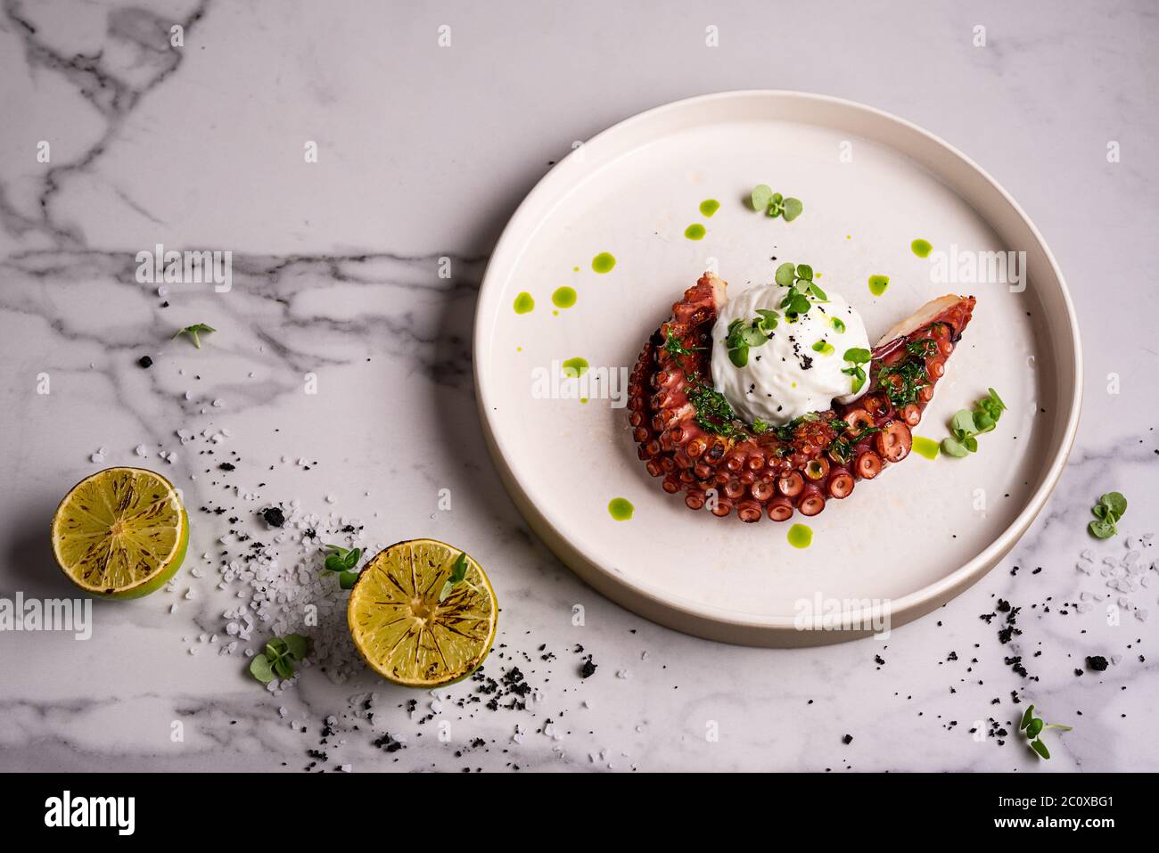 Primo piano di piatto di polpo alla griglia servito con verdure e insalata di pomodoro su piatto bianco a fuoco dolce sullo sfondo Foto Stock