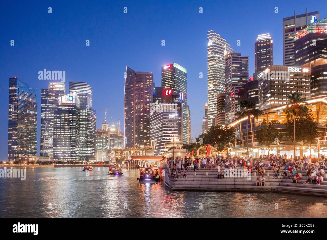 Vista notturna del Parco Merlion con la scultura e la fontana Merlio e lo skyline del centro finanziario. Centro di Core. Marina Bay. Singapore Foto Stock