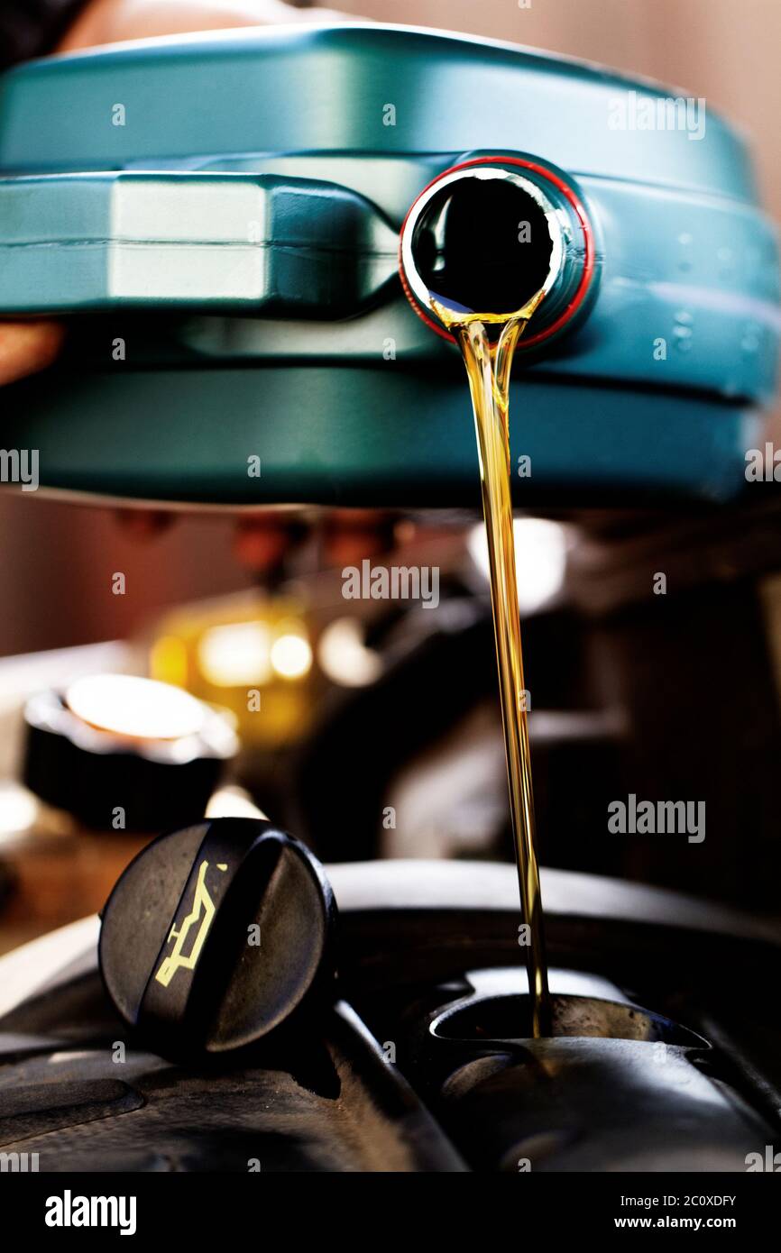 Olio fresco che viene versato durante un cambio dell'olio per un auto Foto Stock Olio fresco che viene versato durante un cambio dell'olio per un auto Foto Stock
