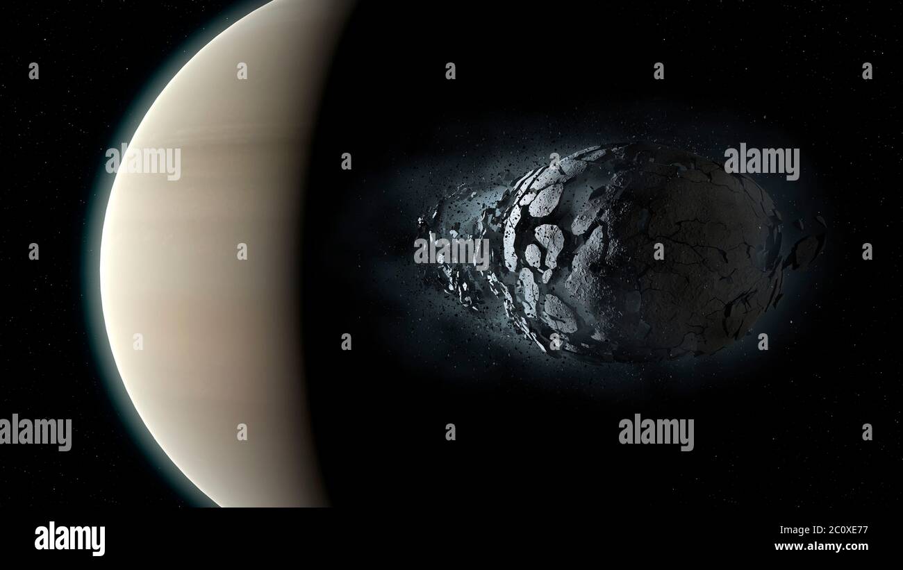 Questa immagine è una di una sequenza di tre, che mostra la rottura di una piccola luna a causa del campo gravitazionale del suo pianeta genitore gigante. Questa è una teoria per l'origine degli anelli di Saturno. Se una luna è abbastanza vicina ad un pianeta, la forza di gravità dal pianeta può essere più forte delle forze gravitazionali e di trazione che tengono insieme la luna. La distanza alla quale ciò avviene è chiamata limite Roche. Le lune più vicine al limite Roche si rompono, formando potenzialmente un sistema ad anello. Foto Stock