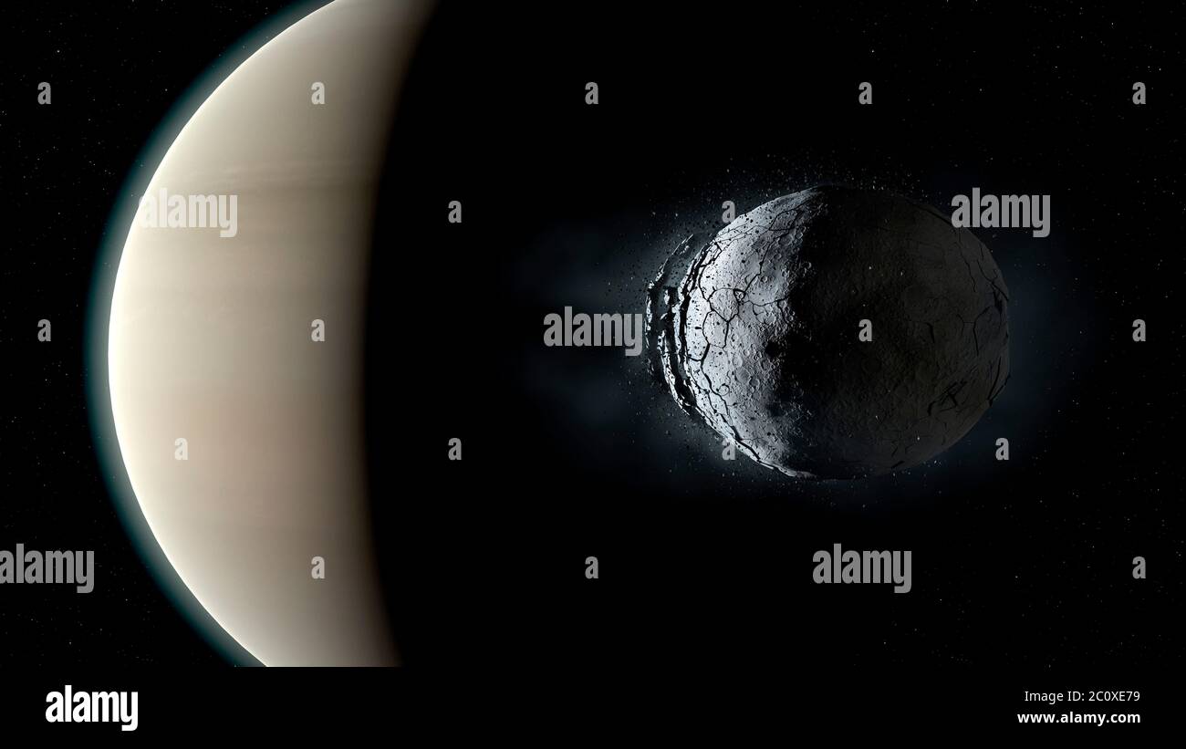 Questa immagine è una di una sequenza di tre, che mostra la rottura di una piccola luna a causa del campo gravitazionale del suo pianeta genitore gigante. Questa è una teoria per l'origine degli anelli di Saturno. Se una luna è abbastanza vicina ad un pianeta, la forza di gravità dal pianeta può essere più forte delle forze gravitazionali e di trazione che tengono insieme la luna. La distanza alla quale ciò avviene è chiamata limite Roche. Le lune più vicine al limite Roche si rompono, formando potenzialmente un sistema ad anello. Foto Stock