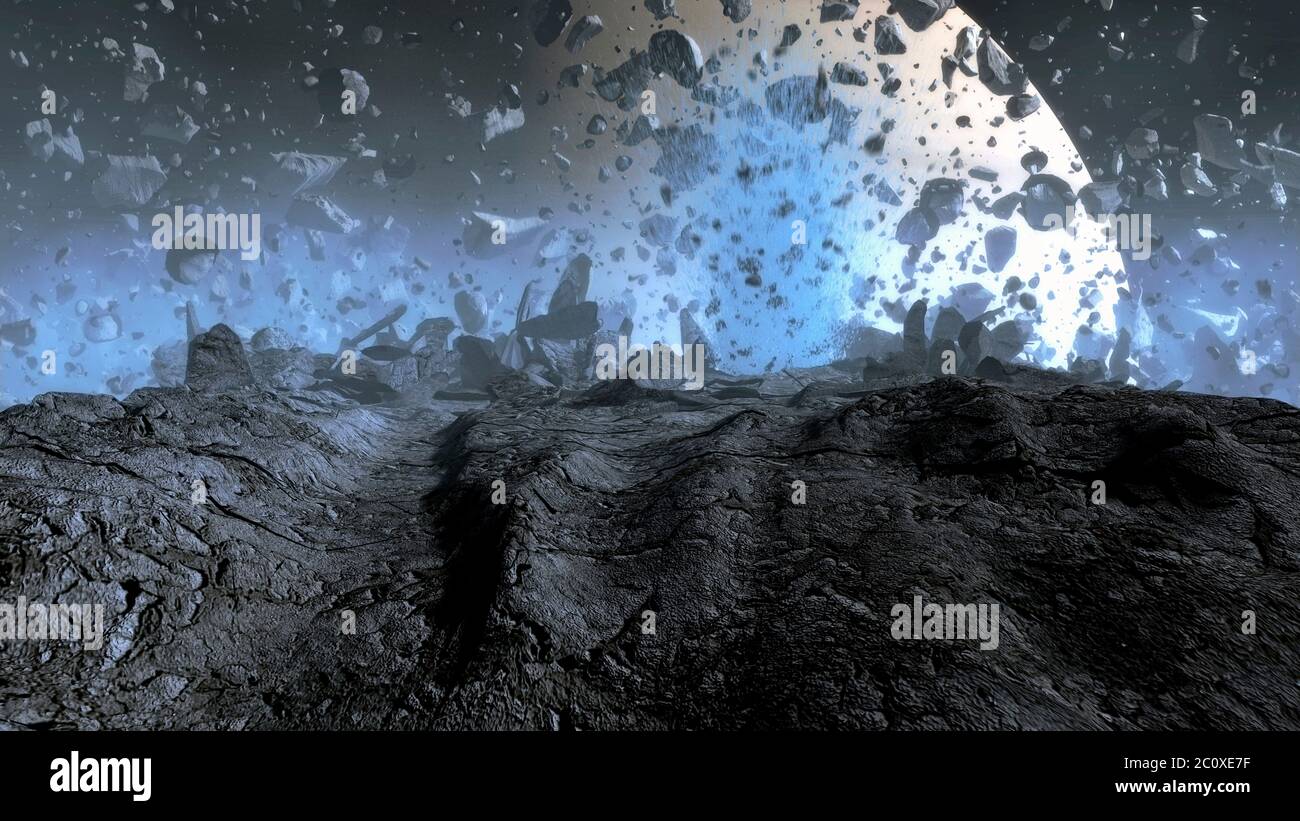 Questa immagine mostra la rottura di una piccola luna dovuta al campo gravitazionale del suo pianeta genitore gigante, visto dalla superficie del satellite. Questa è una teoria per l'origine degli anelli di Saturno. Se una luna è abbastanza vicina ad un pianeta, la forza di gravità dal pianeta può essere più forte delle forze gravitazionali e di trazione che tengono insieme la luna. La distanza alla quale ciò avviene è chiamata limite Roche. Le lune più vicine al limite Roche si rompono, formando potenzialmente un sistema ad anello. Foto Stock