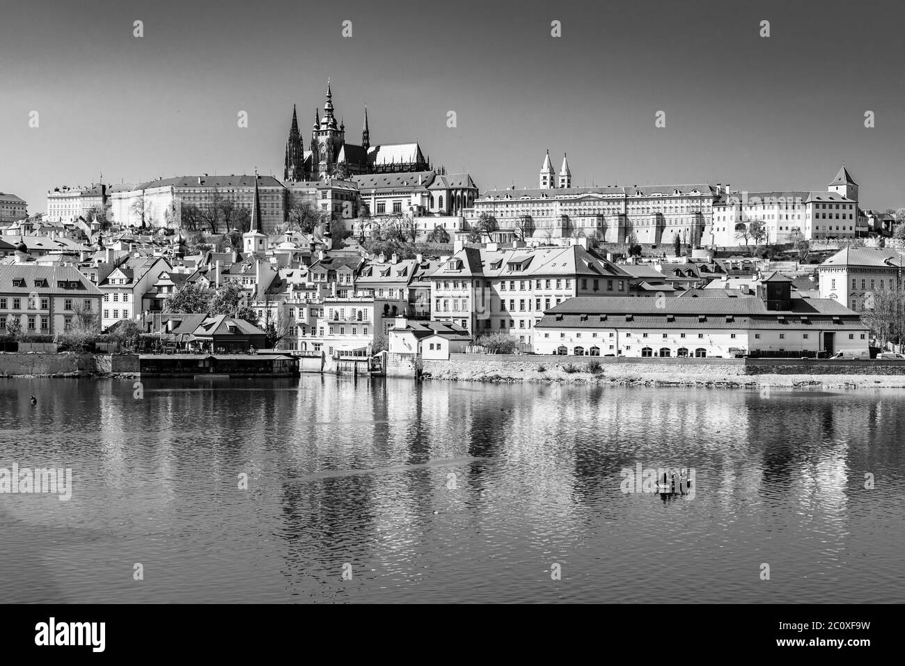 Vista panoramica del Castello di Praga, in ceco: Prazsky Hrad, dal lungofiume del fiume Moldava nella soleggiata primavera, Praha, Repubblica Ceca, immagine in bianco e nero. Foto Stock