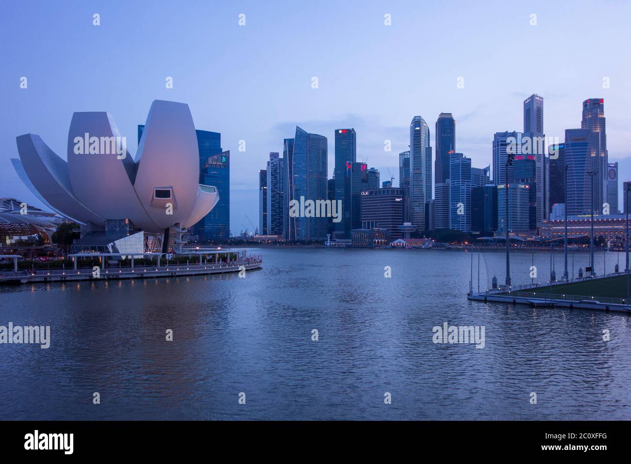 Vista notturna dello skyline del centro di Singapore da Marina Bay. Singapore. Foto Stock