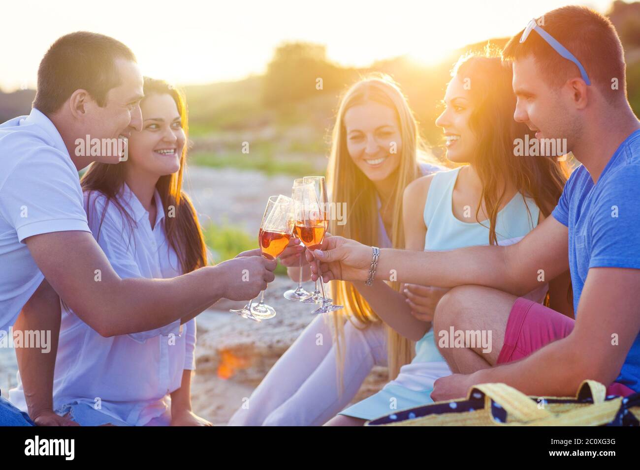 Gruppo di amici la tostatura champagne spumante a un partito relax celebrazione raccolta Foto Stock