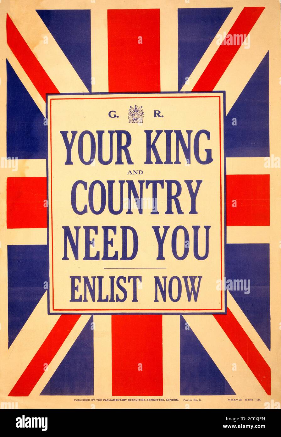 "Il tuo re e il tuo paese hanno bisogno di te. Enlist Now', British War Poster, pubblicato da Parliament Recruiting Committee, litografia di H.T. & Co., 1914 Foto Stock