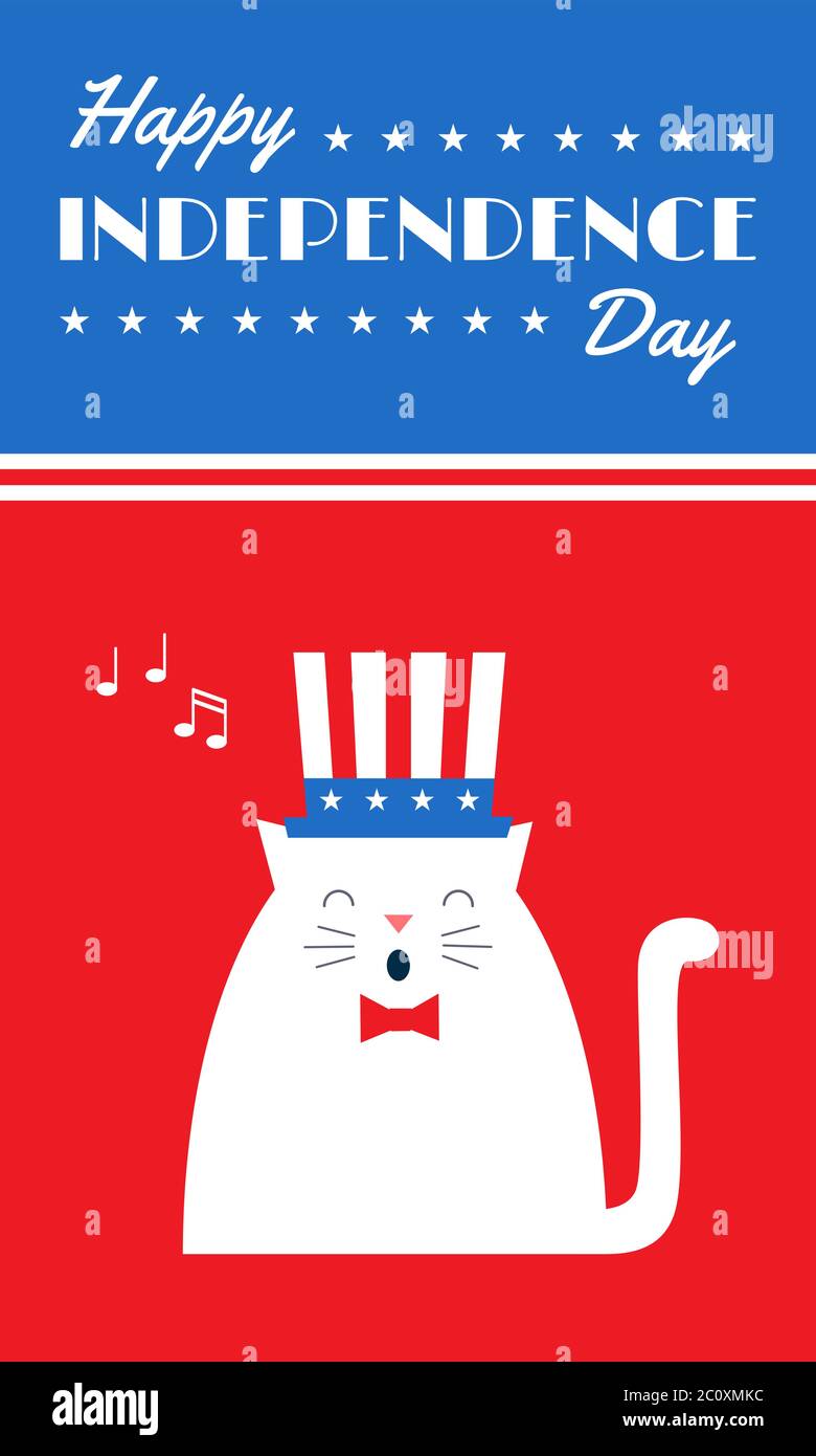 Disegno vettoriale. Banner Web verticale. Testo "Happy Independence Day". Un gatto in un cappello che canta. Blu, rosso e bianco. Semplice illustrazione piatta Illustrazione Vettoriale