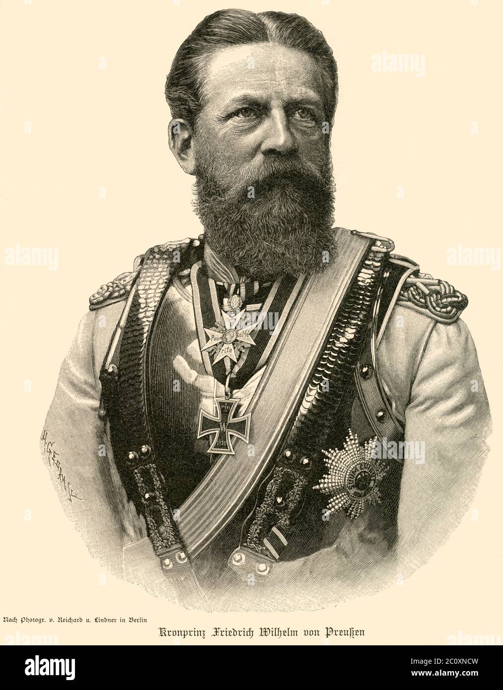 Europa, Deutschland, Berlin, Kronprinz Friedrich Wilhelm von Preußen, später Friedrich III. Von Preußen, Deutscher Kaiser und König von Preußen, aus dem Hause Hohenzollern, 99 Tage Kaiser, Motiv aus : ' Der Krieg gegen Frankreich und die Einigung Deutschlands ', von Th. Lindner, Verlag von A. Asher & Co., Berlino, 1895. / Europa, Germania, Berlino, principe di Crownprincce Federico Guglielmo di Prussia, in seguito Federico III, Federico III di Prussia, imperatore tedesco e re di Prussia, imperatore per novantanove giorni, immagine di: ' Der Krieg gegen Frankreich und die Einigung Deutschlands ' ( The wa Foto Stock