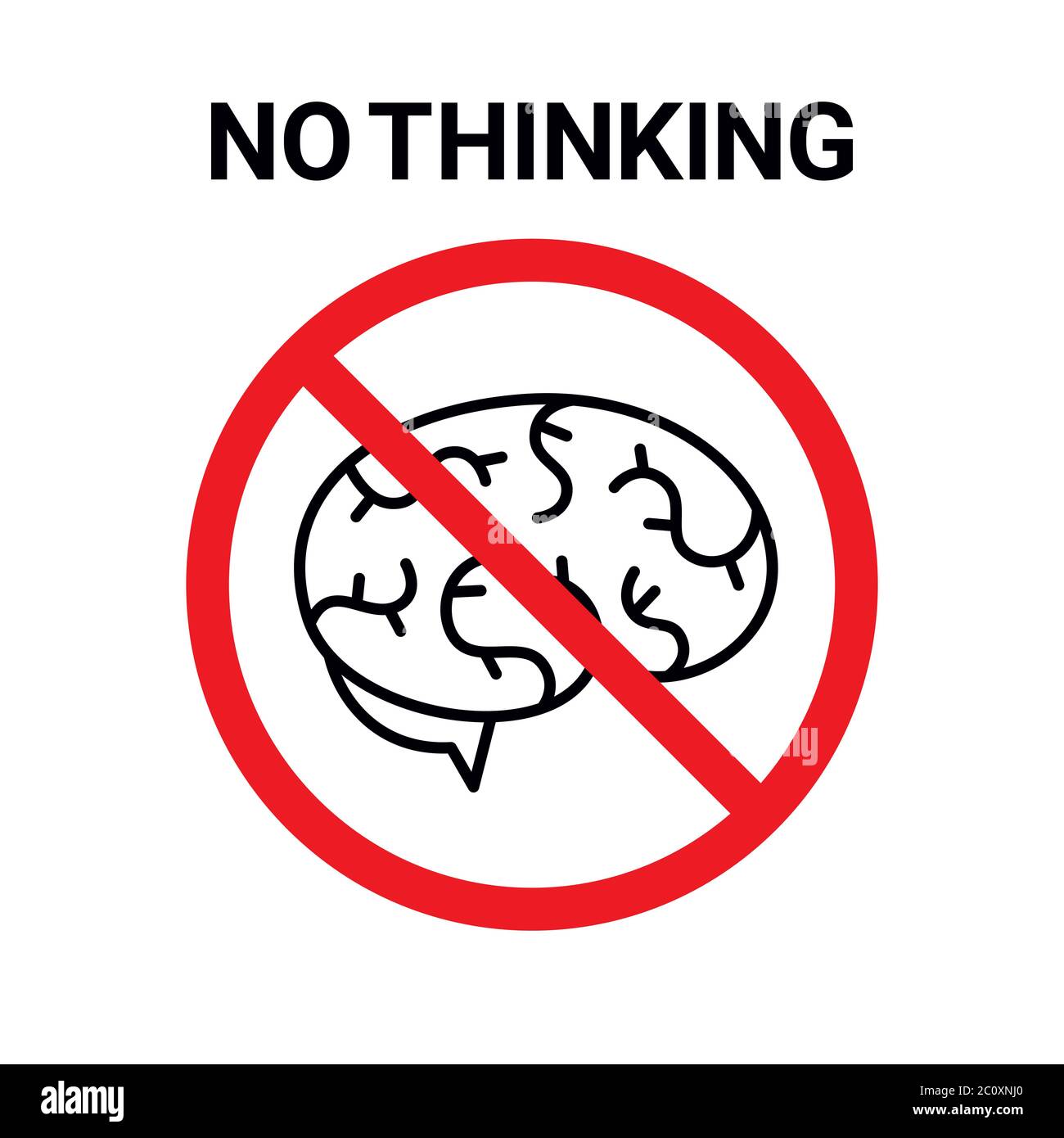 Illustrazione vettoriale. Cartello di divieto con l'icona del cervello umano e testo 'Nessun pensiero'. Isolato su bianco. Formato quadrato. Illustrazione Vettoriale