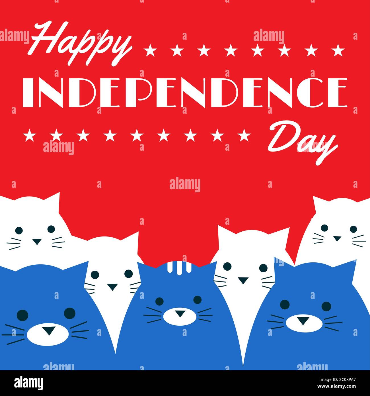 Disegno vettoriale. Banner Web quadrato. Testo "Happy Independence Day". Un gruppo di sette gatti blu e bianchi su sfondo rosso. Illustrazione piatta. Foto Stock