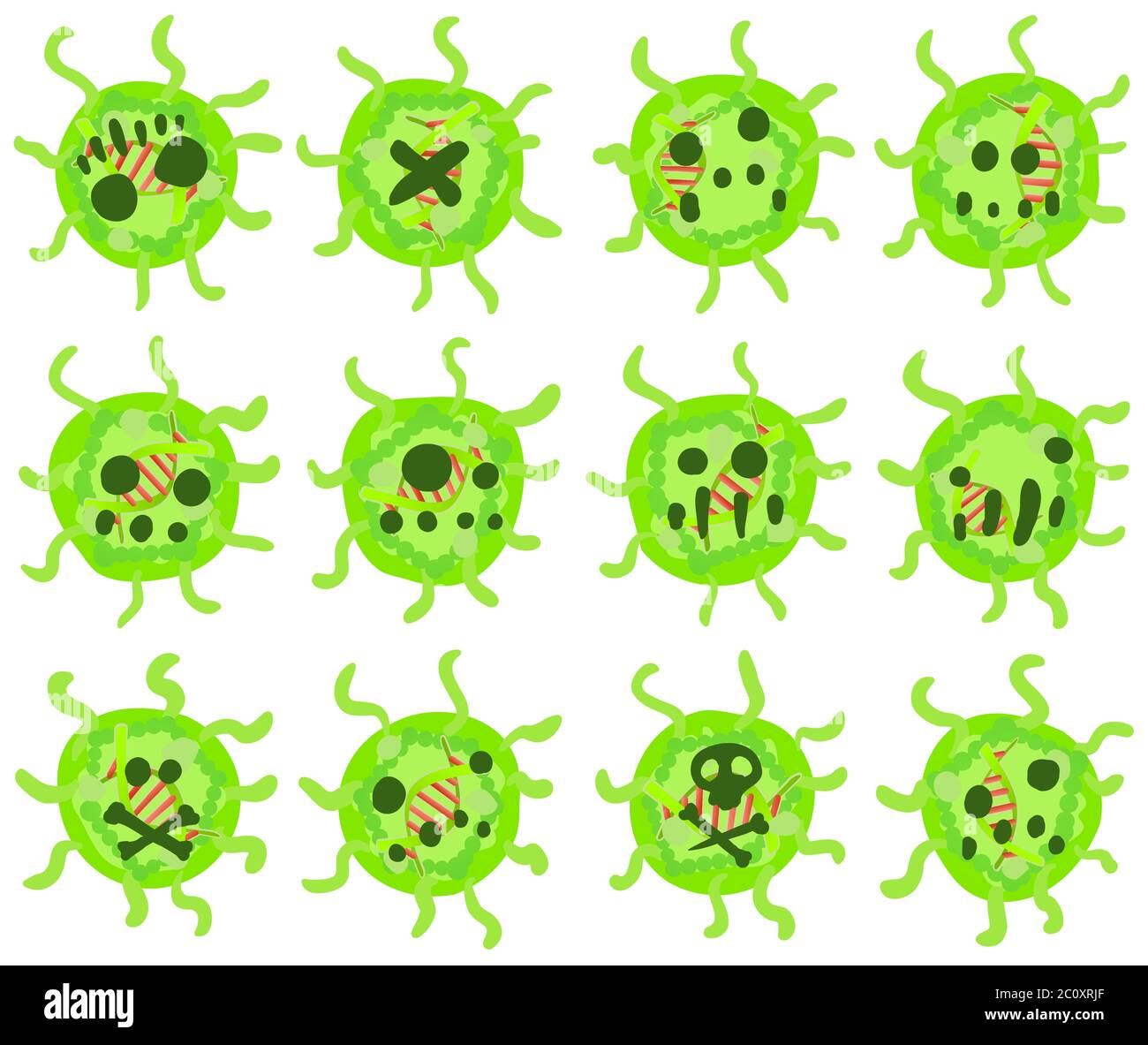 Virus ball caratteri piccoli rotondi cartoni verdi insieme di elementi di disegno, vettore isolato, orizzontale Illustrazione Vettoriale