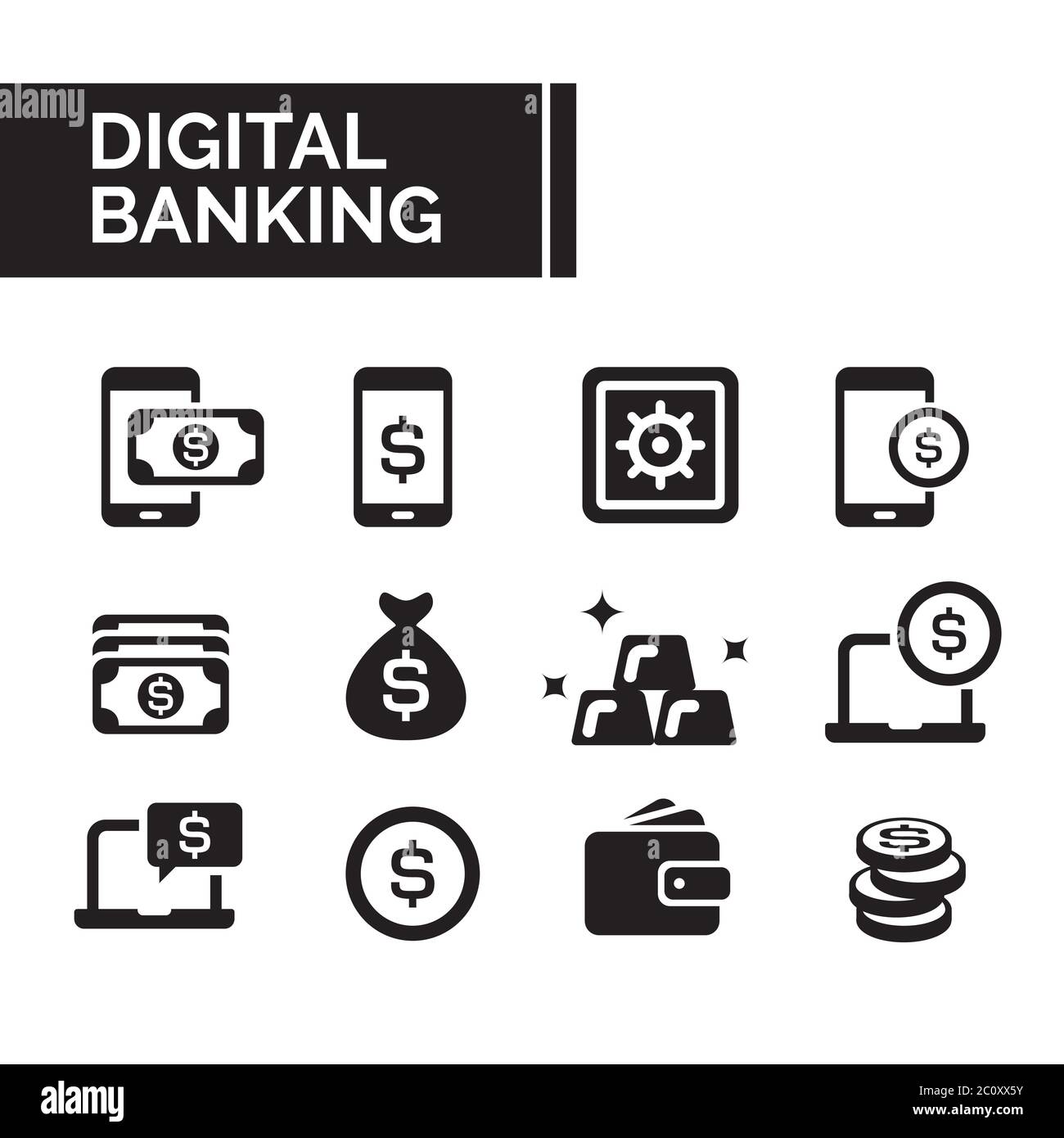 Semplice insieme di elementi a icone semplici e semplici di base per le attività di digital banking. Raccolta di icone di Internet banking per le risorse grafiche dell'interfaccia utente. Illustrazione Vettoriale