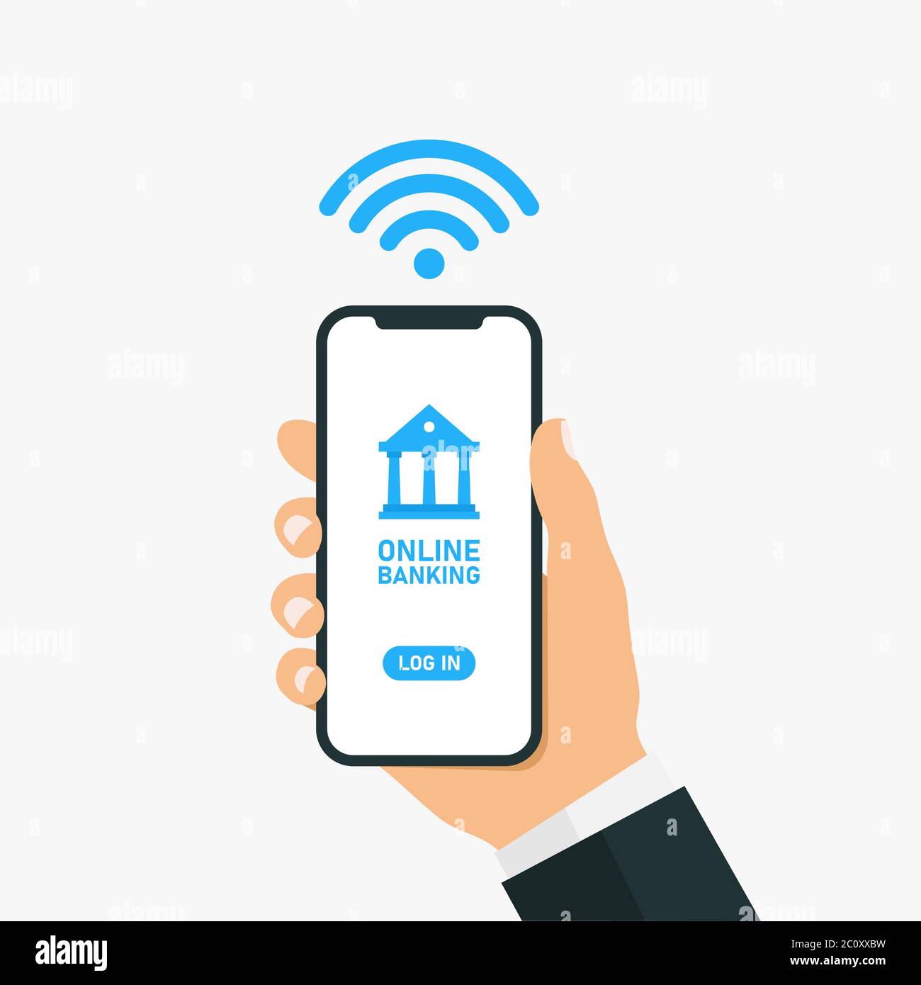 illustrazione di un uomo d'affari che detiene uno smartphone per condurre transazioni con il banking online. L'uso di software di banking online per fare agire di finanza. Illustrazione Vettoriale
