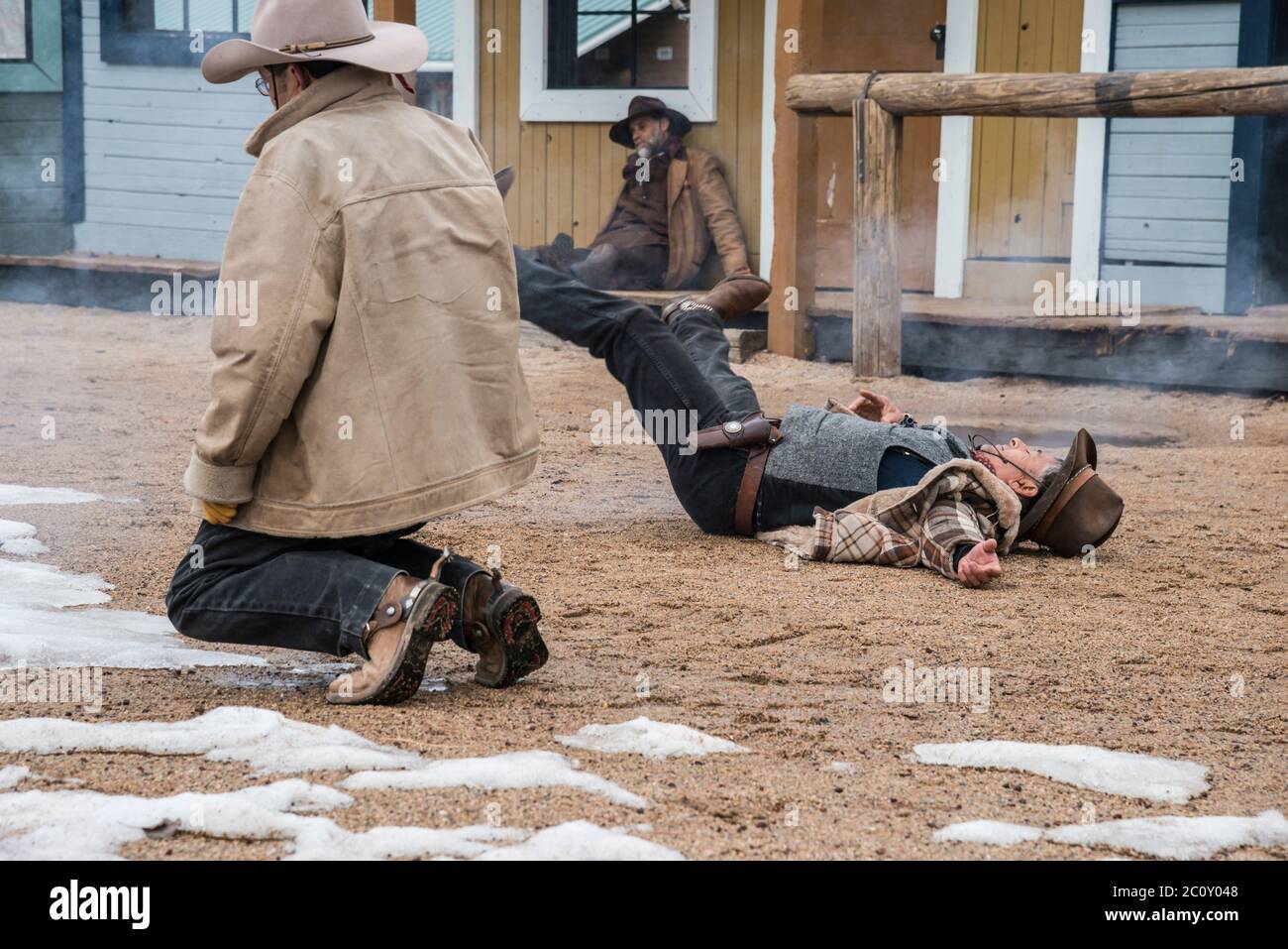Wild West Gun Fight Show alla stazione ferroviaria del Grand Canyon a Willams, Arizona Foto Stock