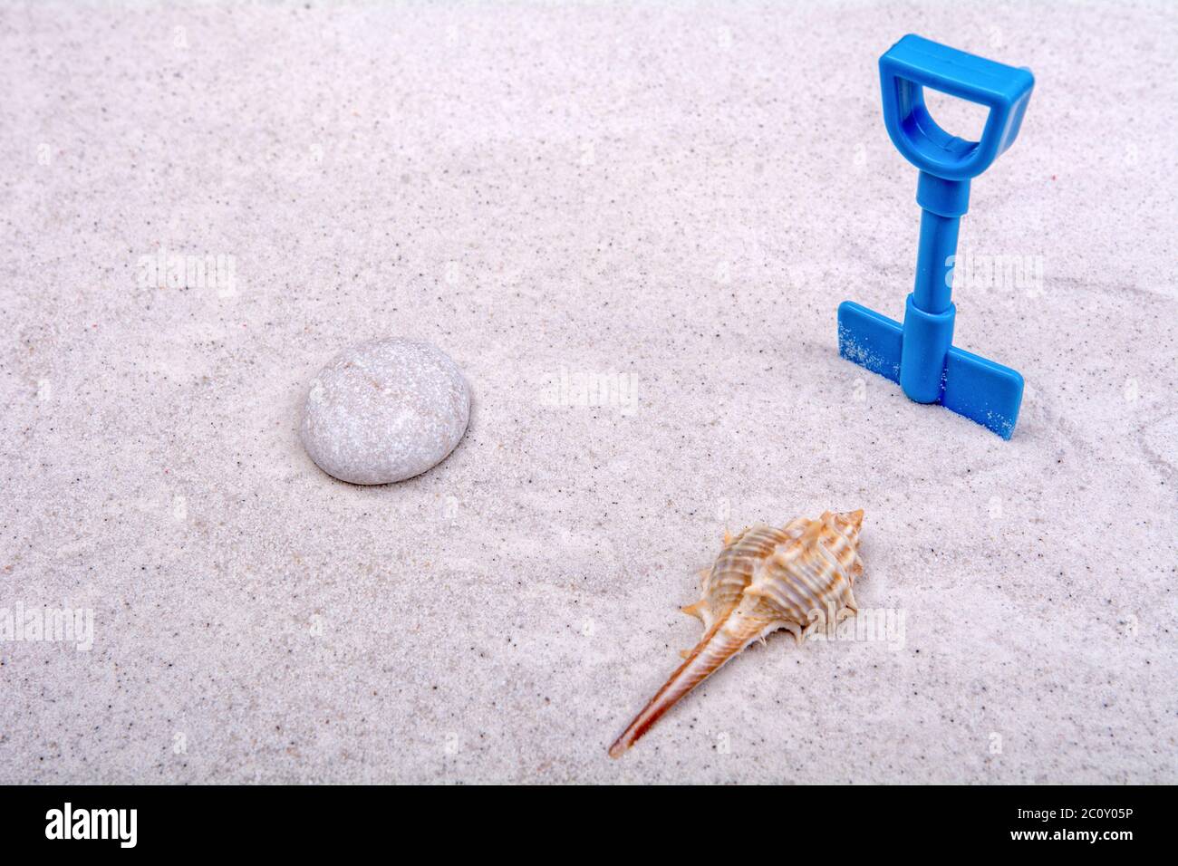 Guscio marino e paletta blu su fondo sabbioso Foto Stock