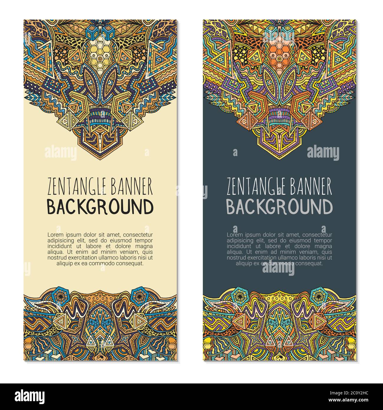 modelli di banner a zentangle disegnati a mano colorati Foto Stock