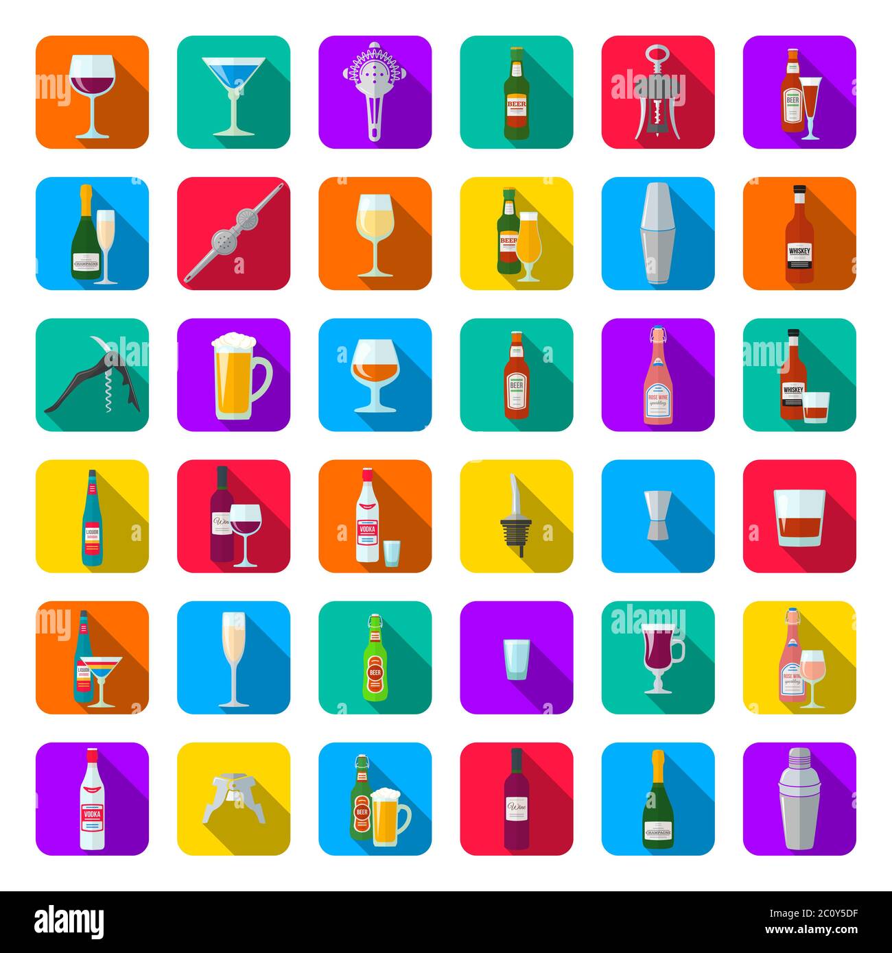 set di icone di bicchieri e strumenti per barman Foto Stock