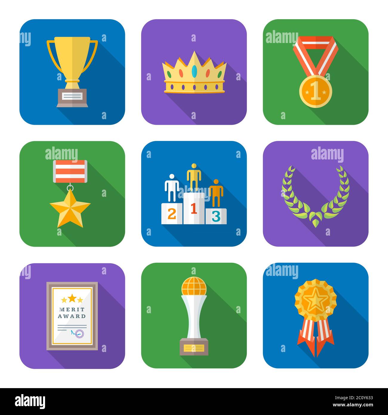 collezione di icone di simboli di vari riconoscimenti in stile piatto Foto Stock
