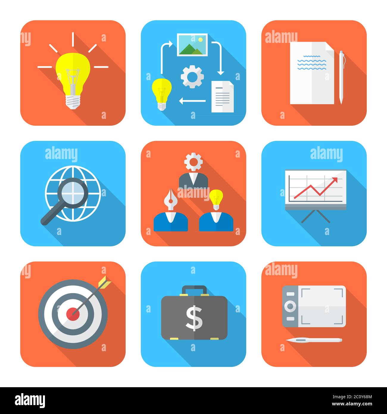set di icone creative per processi aziendali in stile piatto a colori Foto Stock