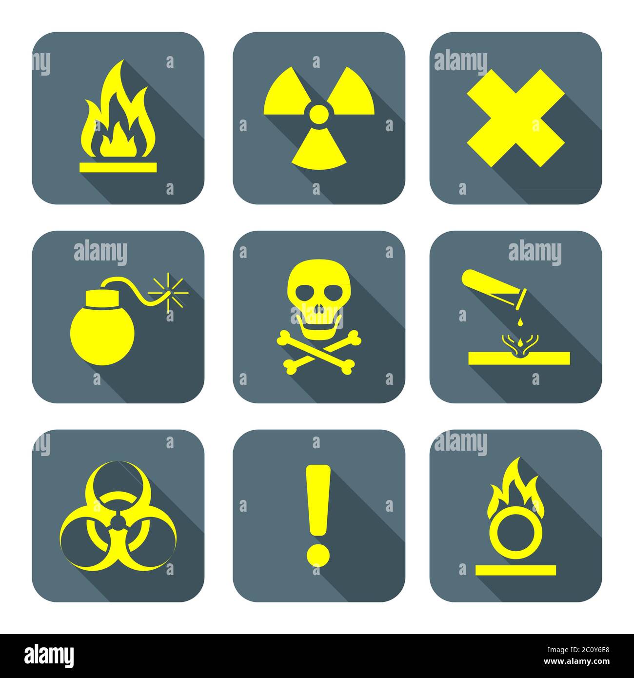simboli di rifiuti pericolosi di colore giallo brillante stile piatto simboli di avvertenza icone grigie Foto Stock