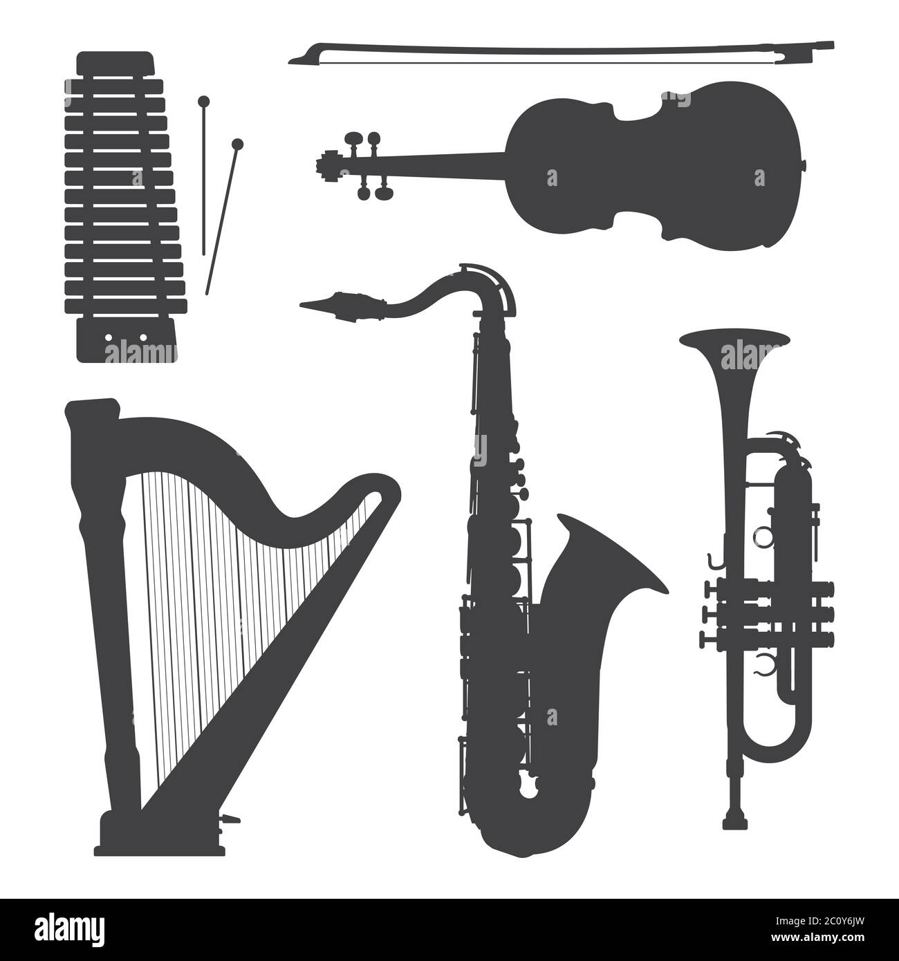 strumenti musicali monocromatici silhouette collezione di illustrazioni Foto Stock