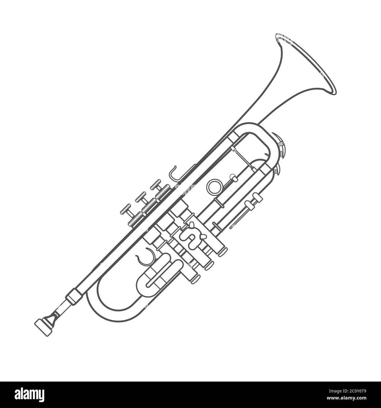 illustrazione dello strumento per il vento a tromba con contorno monocromatico scuro Foto Stock