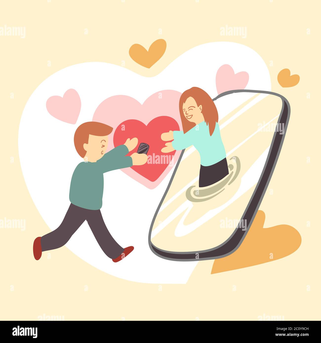 Illustrazione vettoriale della coppia che si chiude insieme dallo smartphone. Devono essere coccolati sui social media in tempo di blocco o quarantena. Illustrazione Vettoriale