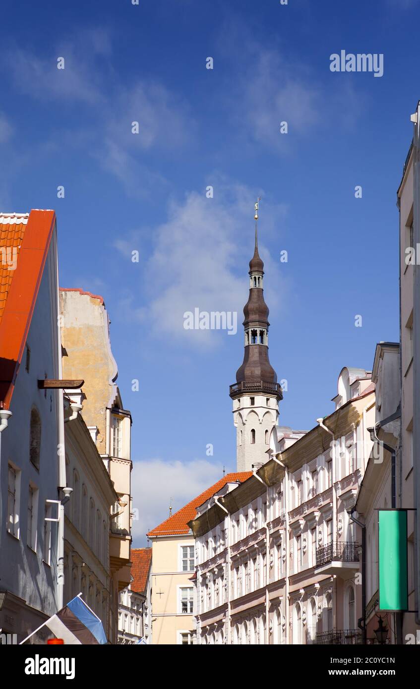 Città vecchia, Tallinn, Estonia. Vecchie case sulla strada e una torre del municipio. Foto Stock