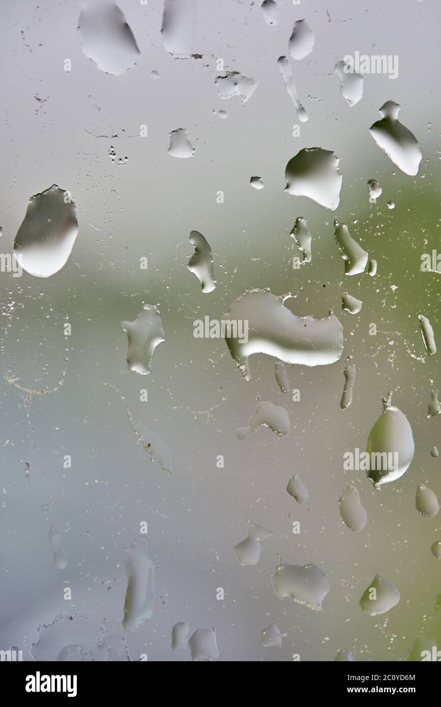 Gocce di pioggia su un vetro di finestra. Foto Stock