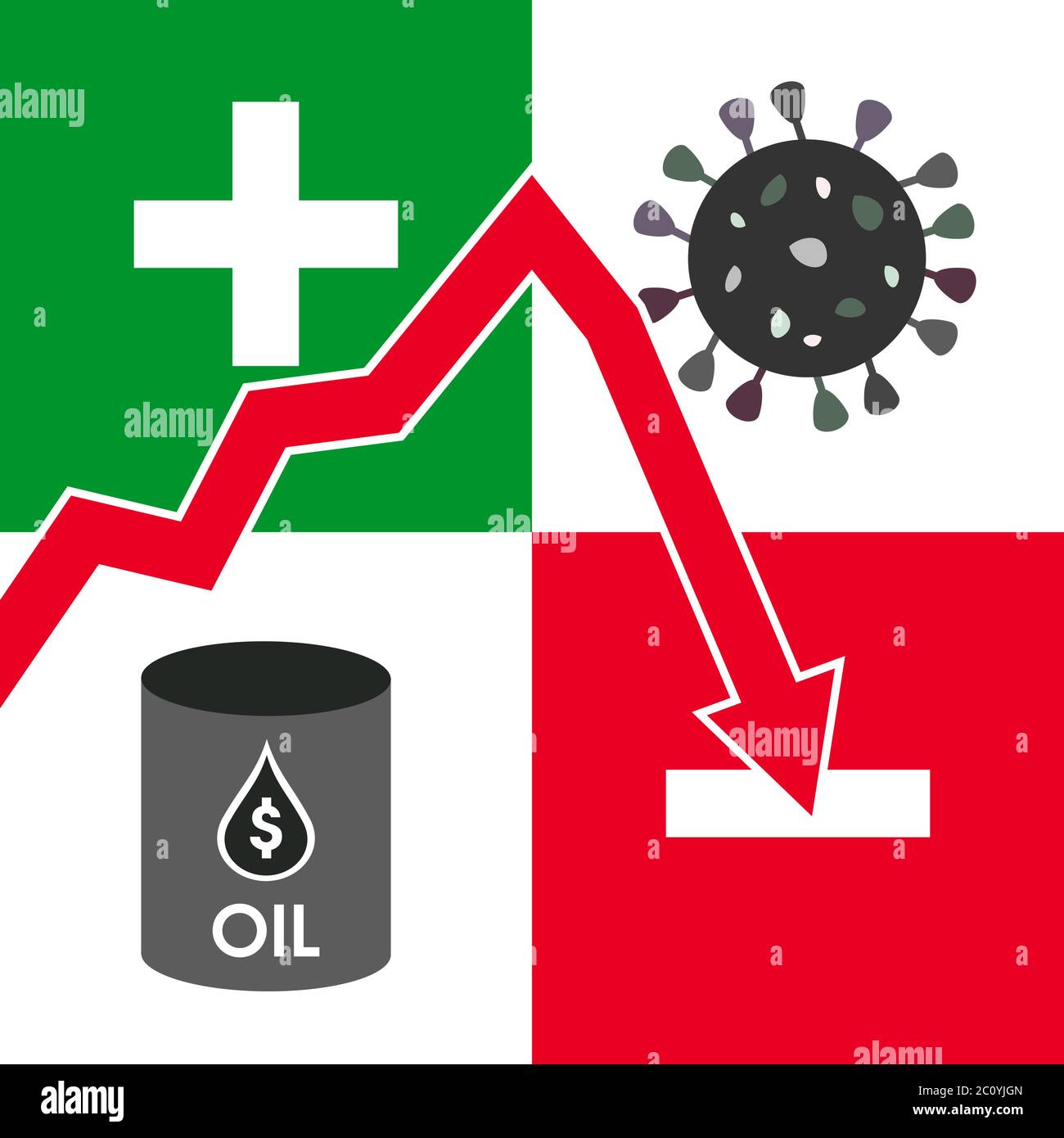 Il valore in calo del prezzo del greggio. Concetto dell'impatto della pandemia di Covid-19 sulla produzione petrolifera. Illustrazione Vettoriale