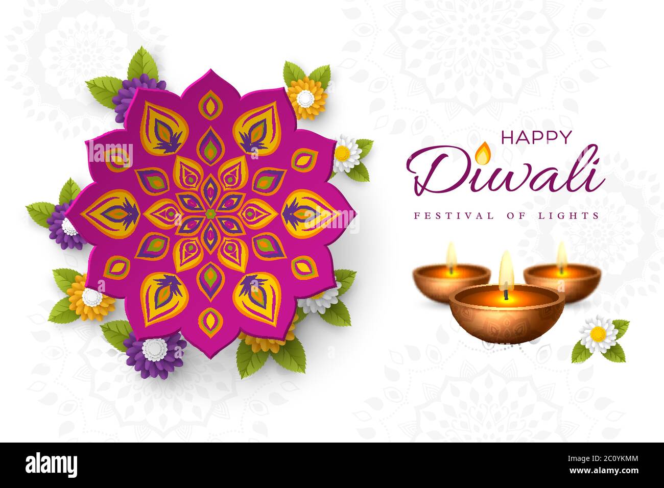 Diwali festival Holiday design con taglio di carta stile Rangoli indiani, fiori e diya - lampada a olio. Sfondo bianco, illustrazione vettoriale. Illustrazione Vettoriale