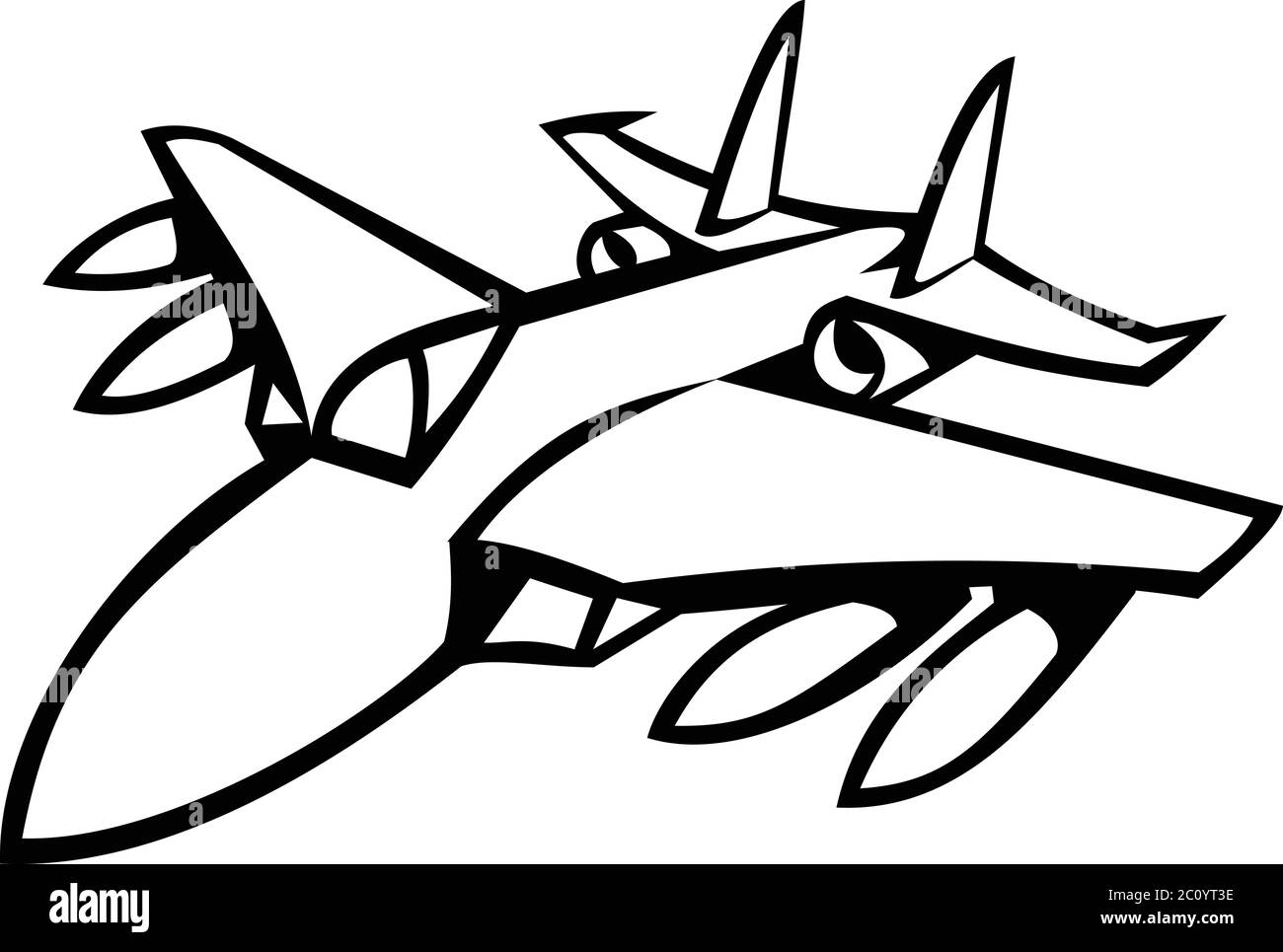 Icona Mascot illustrazione della testa di un jet da combattimento americano in pieno volo visto dalla parte anteriore su sfondo isolato in stile retrò bianco e nero. Illustrazione Vettoriale