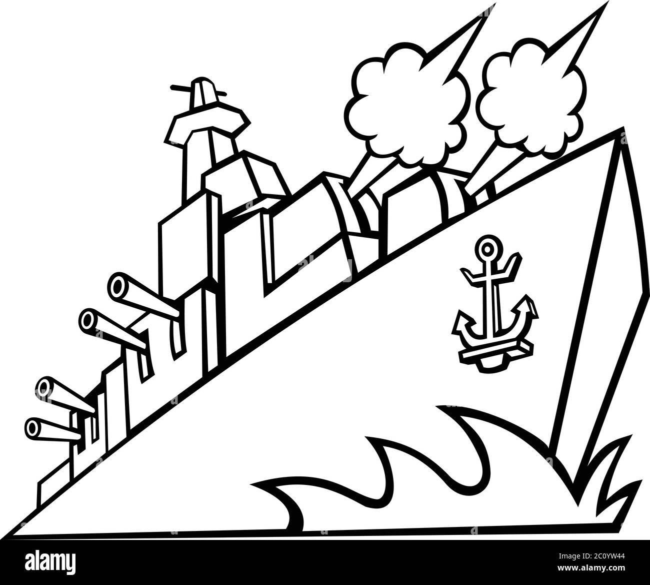 Icona Mascot illustrazione di un cacciatorpediniere, nave da guerra o corazzata americana con cannoni sparanti visto da un angolo basso su sfondo isolato in retro b Illustrazione Vettoriale