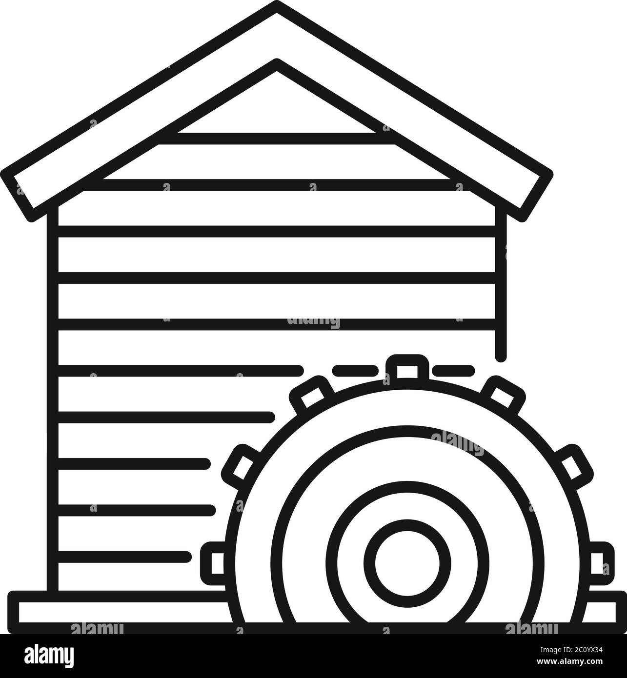 Icona mulino ad acqua per lavori di costruzione. Contorno costruzione mulino ad acqua icona vettore per web design isolato su sfondo bianco Illustrazione Vettoriale