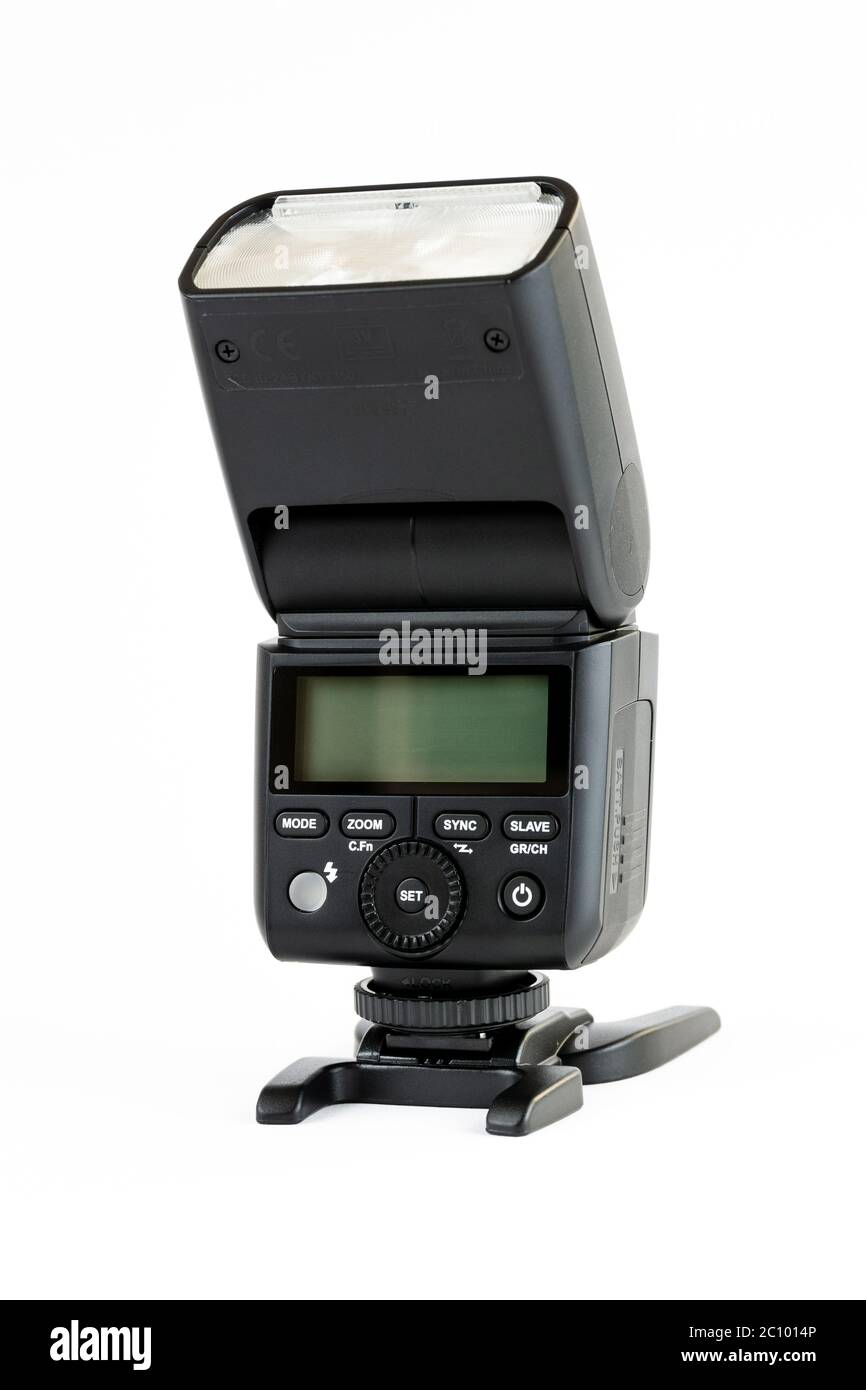 Neewer Speedlite NW400 sul supporto da dietro con comandi su sfondo bianco Foto Stock