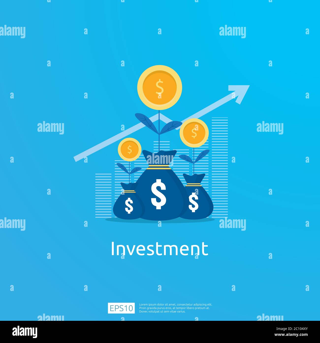 Concetto aziendale di obiettivo di raggiungimento. ROI Vision ritorno sugli investimenti. Frecce di crescita per il successo. Grafico aumentare il profitto con il sacco di soldi. Finanza Illustrazione Vettoriale
