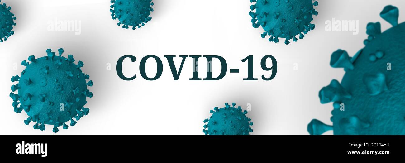 Coronavirus Covid-19 - concetto di microbiologia e virologia. Rendering 3d, illustrazione 3d. Il virus SARS-COV-2 è di colore turchese. Foto Stock