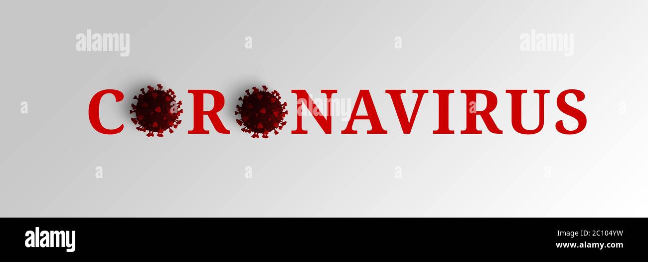 Banner con la parola coronavirus e molecole di virus Covid-19. Il virus è rosso con un'ombra su sfondo bianco. Rendering 3D, illustrazione 3d Foto Stock