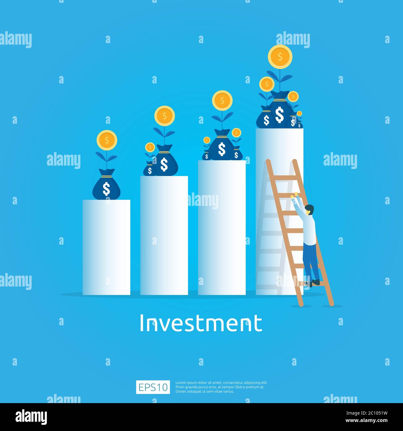 Concetto aziendale di obiettivo di raggiungimento. ROI Vision ritorno sugli investimenti. Frecce di crescita per il successo. Grafico aumentare il profitto con il sacco di soldi. Finanza Illustrazione Vettoriale