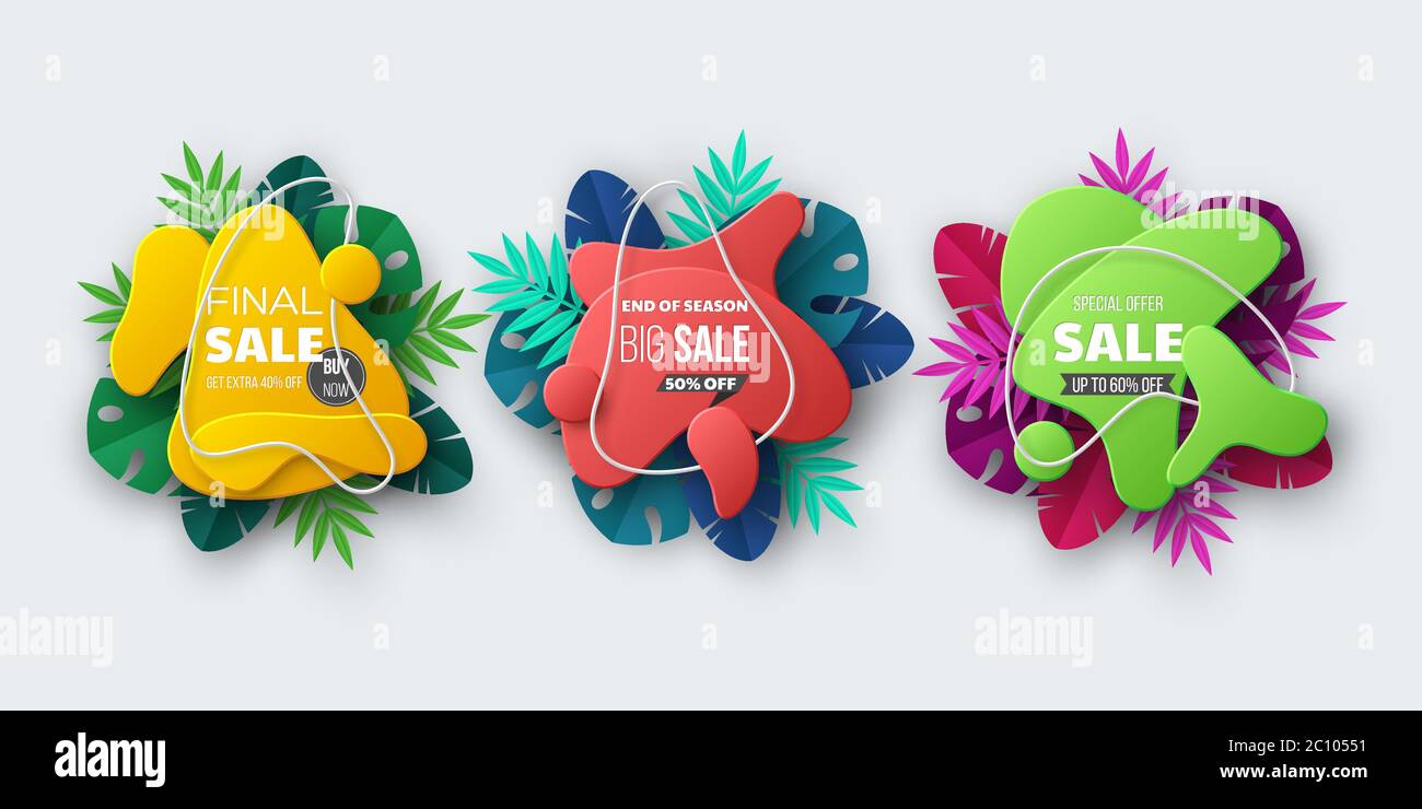 Banner di vendita estiva con foglie di palma tropicali. Illustrazione Vettoriale