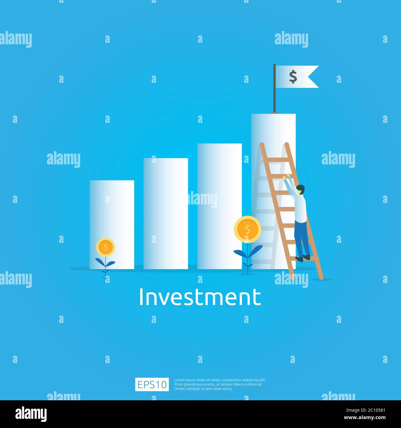 Concetto aziendale di obiettivo di raggiungimento. ROI Vision ritorno sugli investimenti. Frecce di crescita per il successo. Grafico aumentare il profitto con il sacco di soldi. Finanza Illustrazione Vettoriale