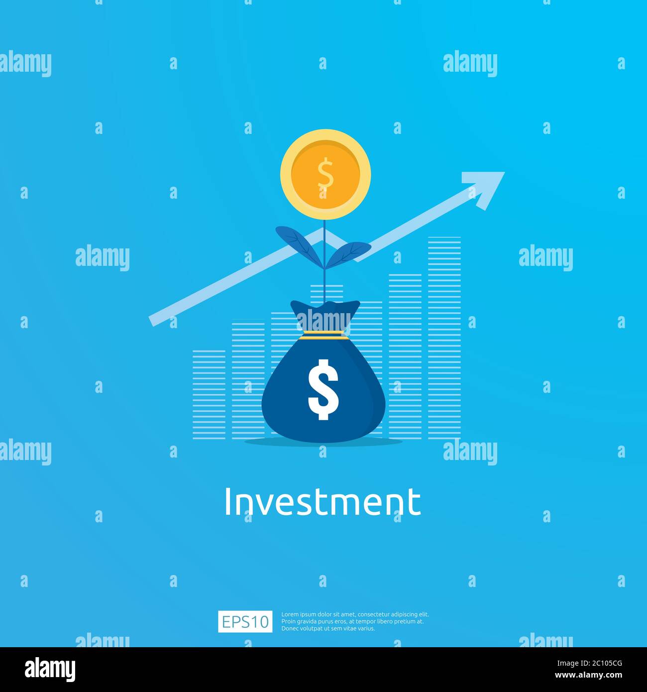 Concetto aziendale di obiettivo di raggiungimento. ROI Vision ritorno sugli investimenti. Frecce di crescita per il successo. Grafico aumentare il profitto con il sacco di soldi. Finanza Illustrazione Vettoriale
