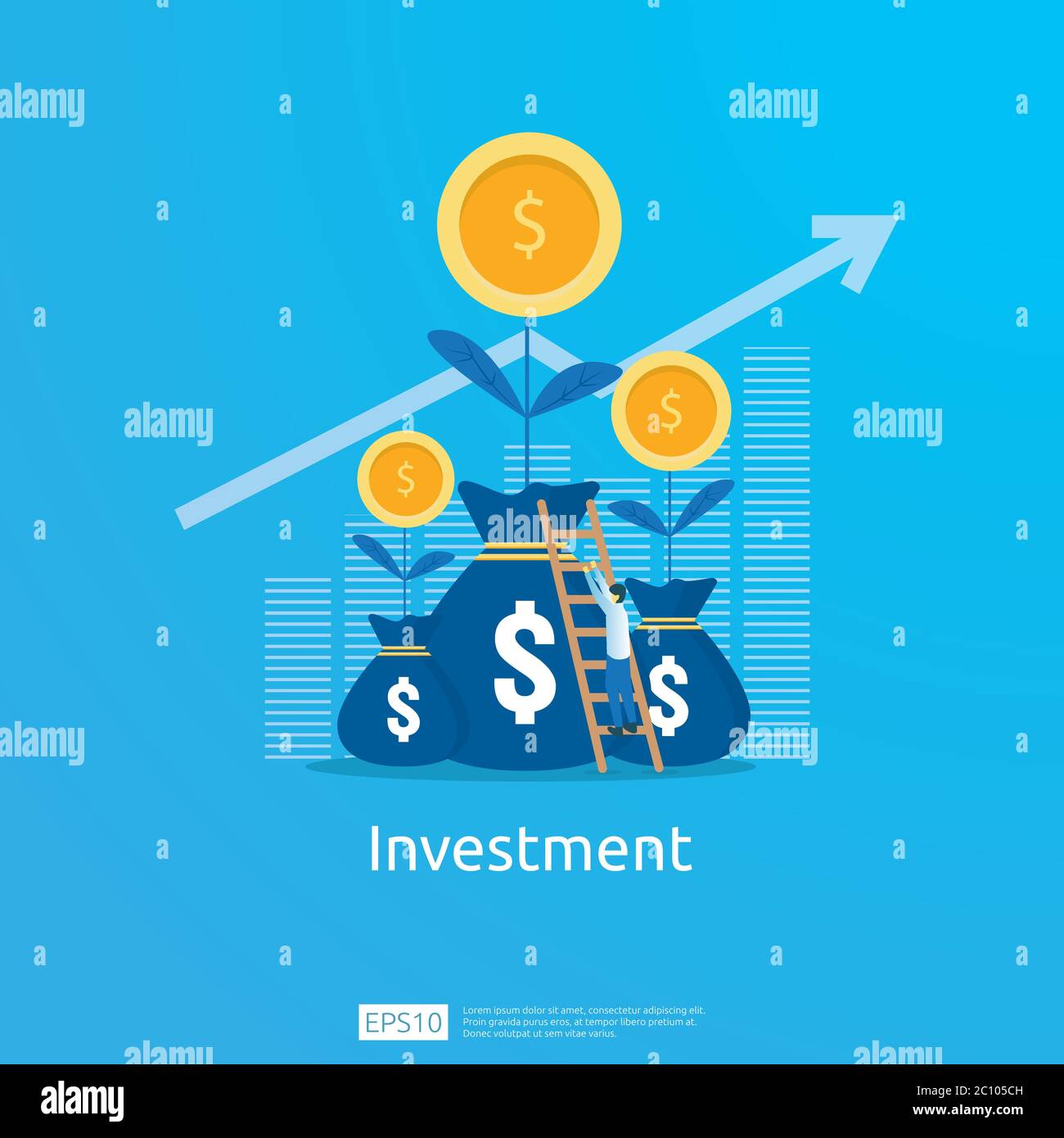 Concetto aziendale di obiettivo di raggiungimento. ROI Vision ritorno sugli investimenti. Frecce di crescita per il successo. Grafico aumentare il profitto con il sacco di soldi. Finanza Illustrazione Vettoriale